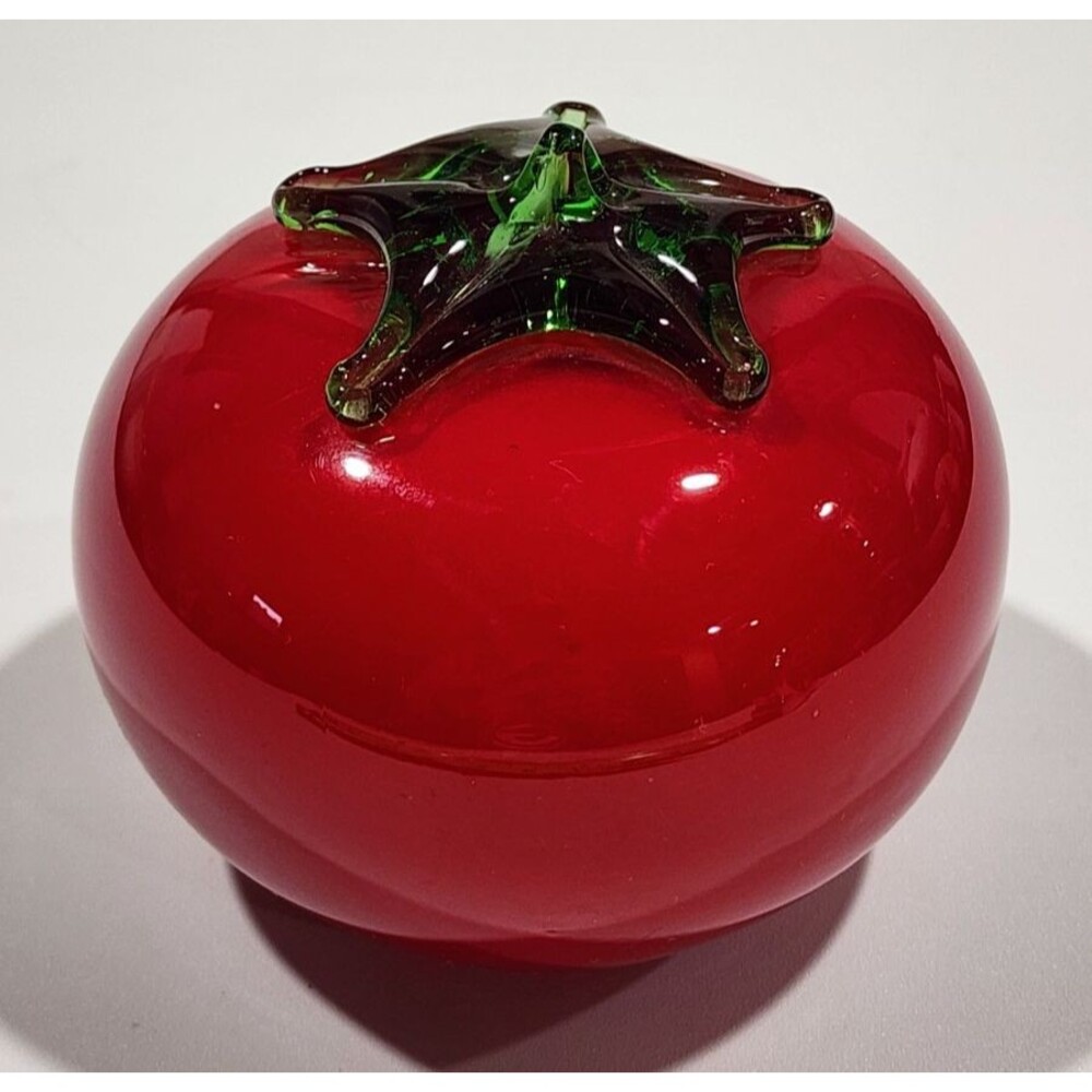 Vintage Art Glass Hand Blown Tomato Fruit Vegetable Applied Stem Paperweight